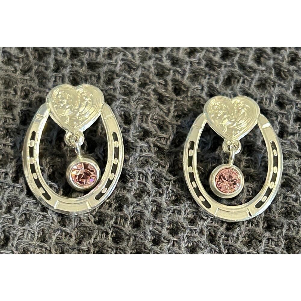 Montana Silversmiths Lucky Horseshoe Heart Earrings With Pink Rhinestone Dangles